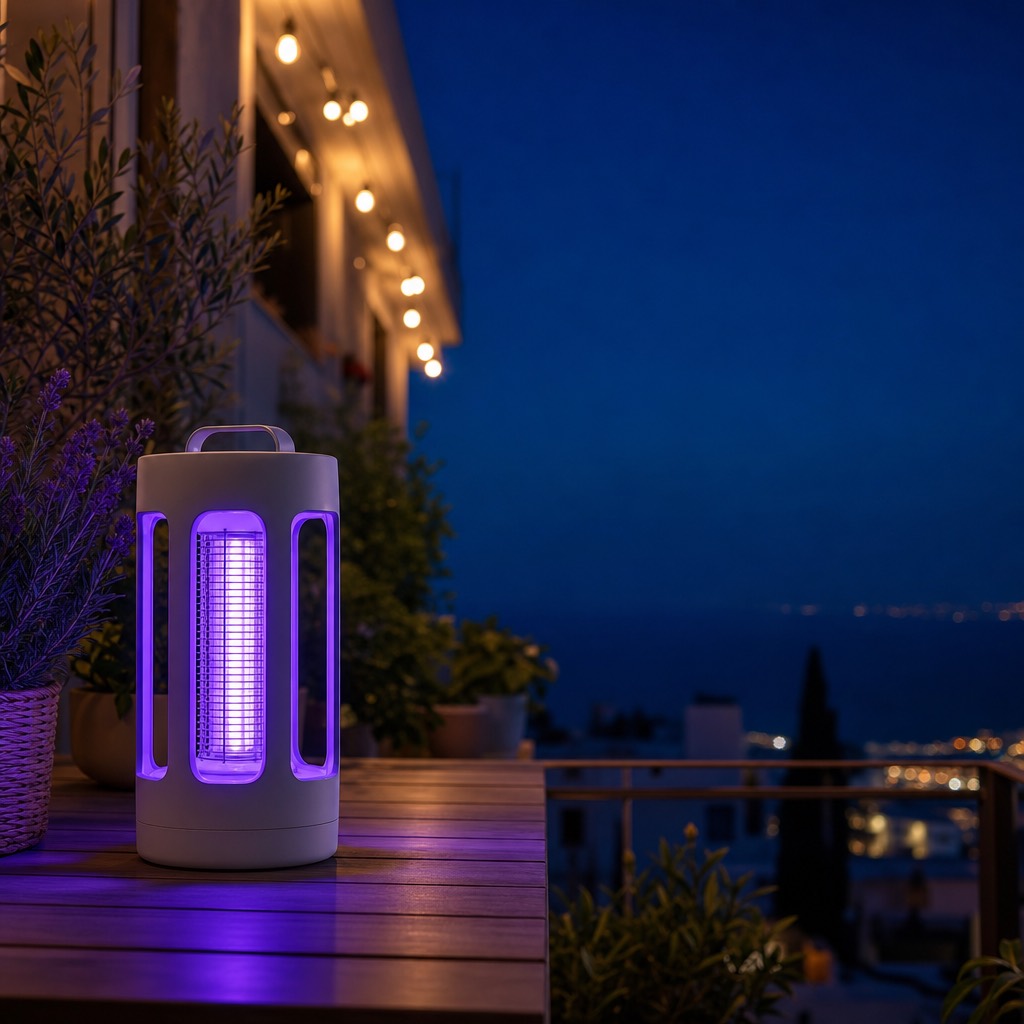 מנורת UV קוטלת יתושים דולקת על שולחן מרפסת בערב קיץ