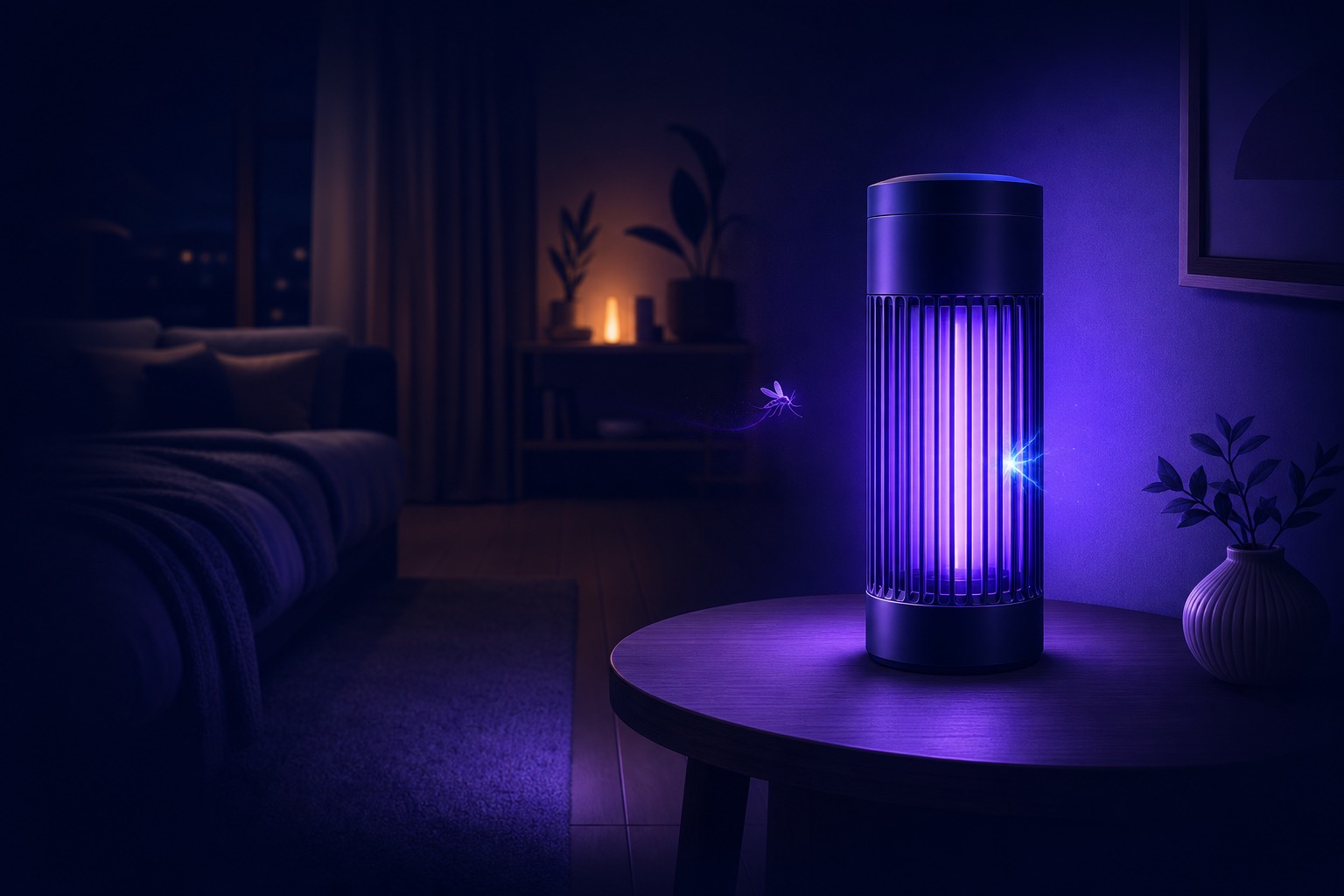 מנורת UV קוטלת יתושים זוהרת בסגול על שולחן בסלון חשוך ושקט